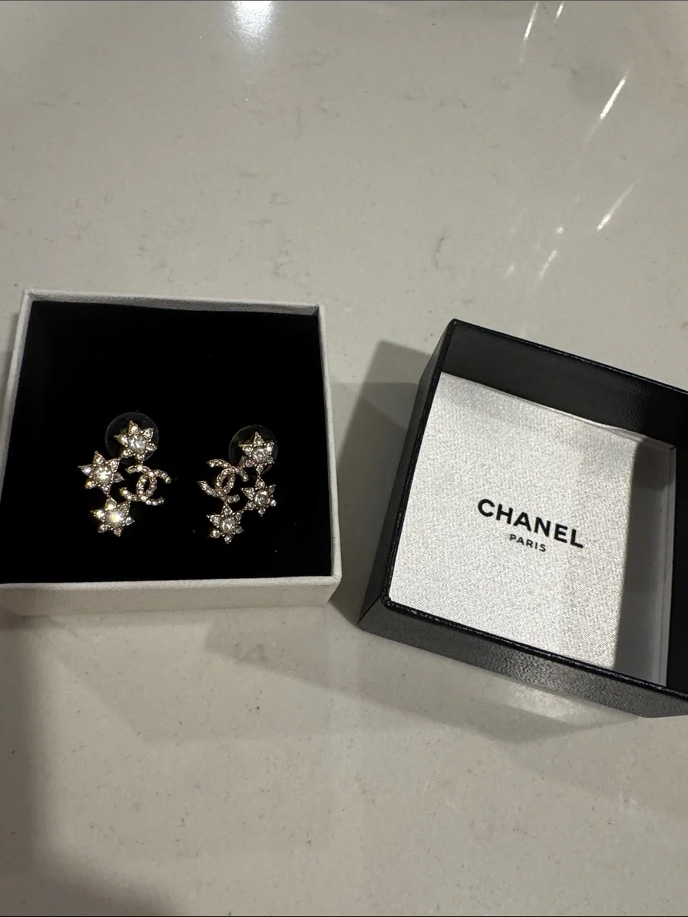 CHANEL Gold Crystal Star & CC Drop Earrings